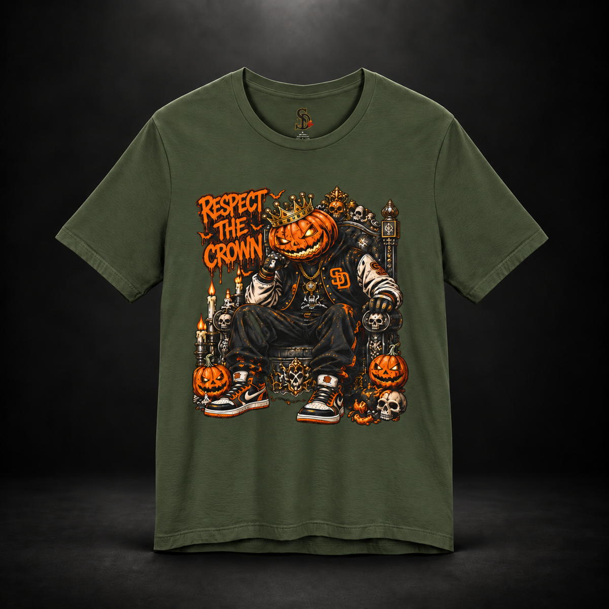 Pumpkin King Respect the Crown Tee with crowned jack-o'-lantern, skull and candle artwork by Sacred Divine & Co.