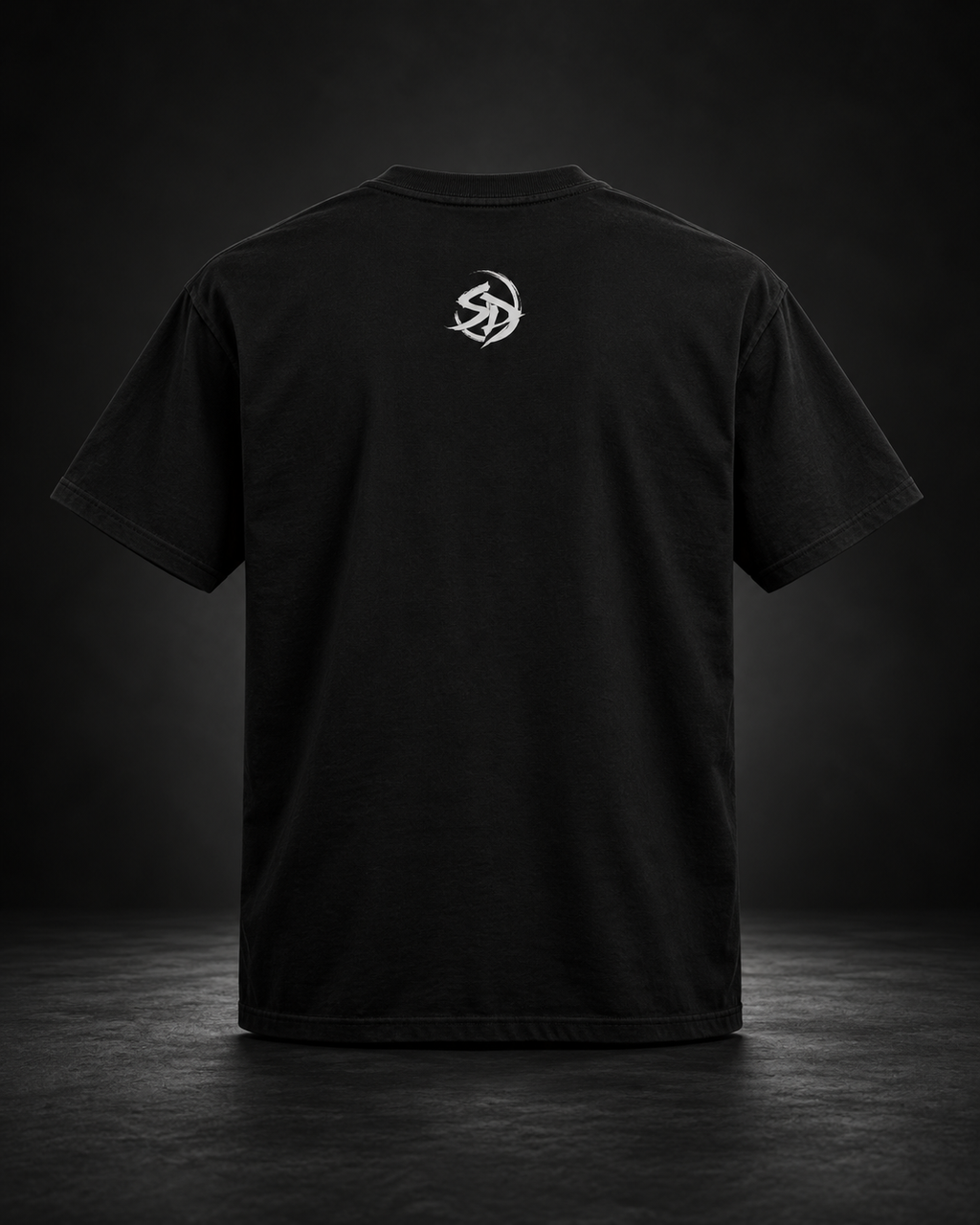 Discipline statement tee with monochrome moonlit design.