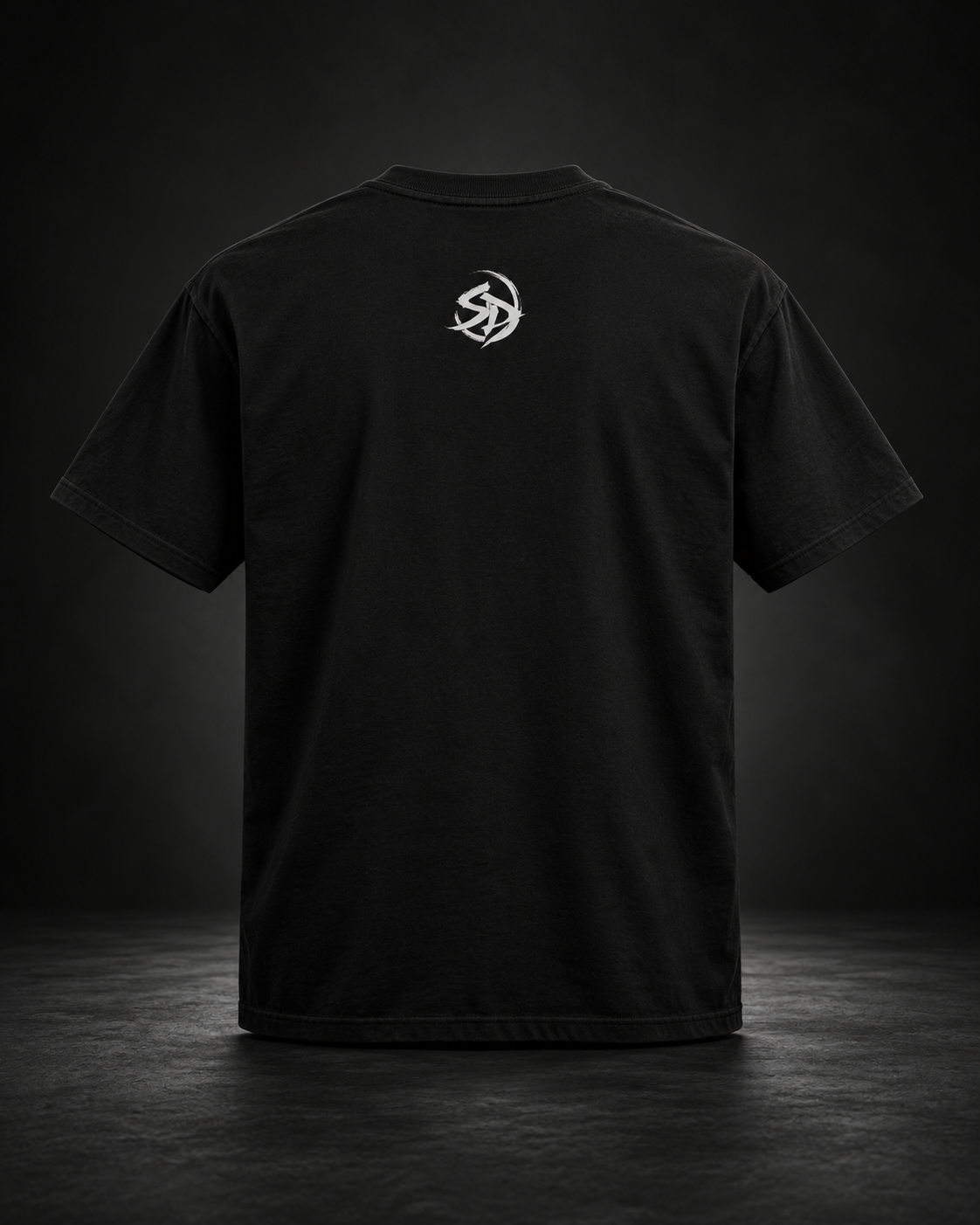 Discipline statement tee with monochrome moonlit design.