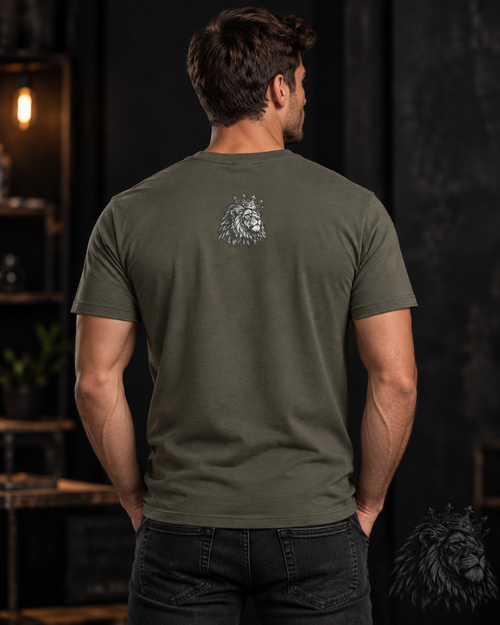 Man wearing the Army lion tee, back view with a small white crowned lion beneath the collar.