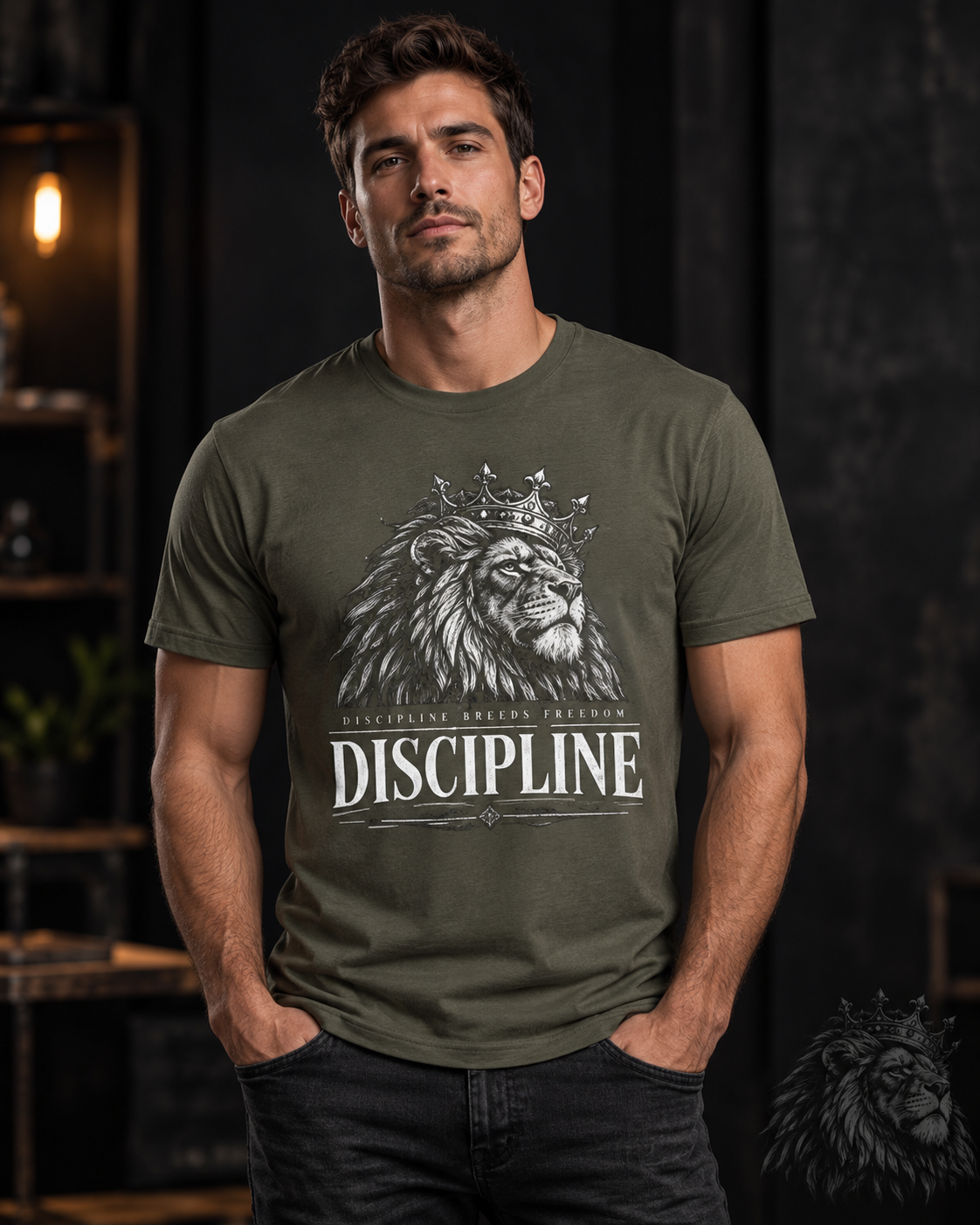 Sacred Divine & Co. Addicted to Discipline Lion graphic T-shirt.