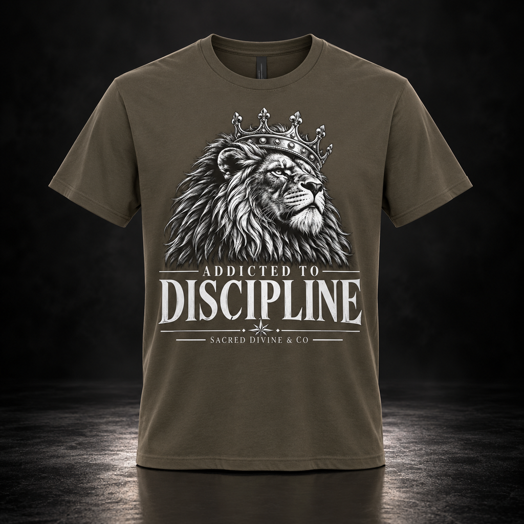Addicted to Discipline graphic tee with lion crown artwork.