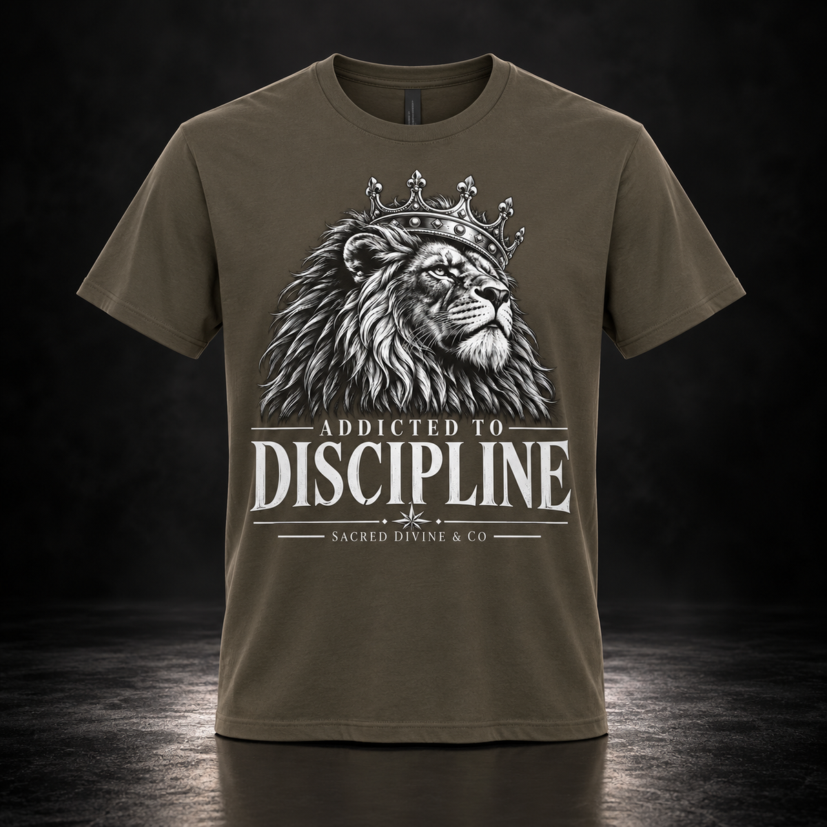 Addicted to Discipline graphic tee with lion crown artwork.