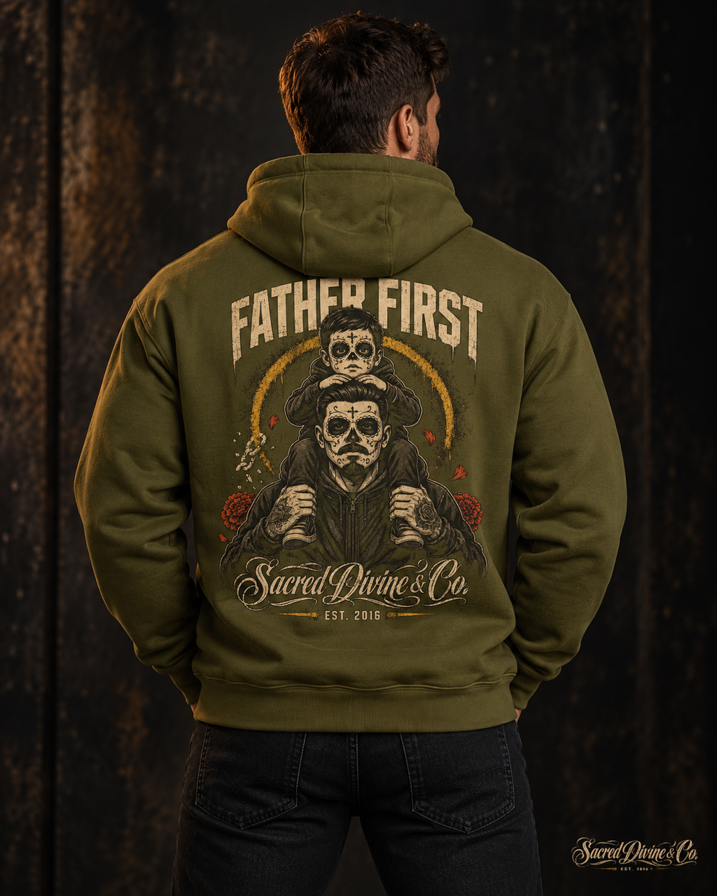 Father First Día de los Muertos graphic fleece hoodie by Sacred Divine & Co. — product gallery image 1 of 17