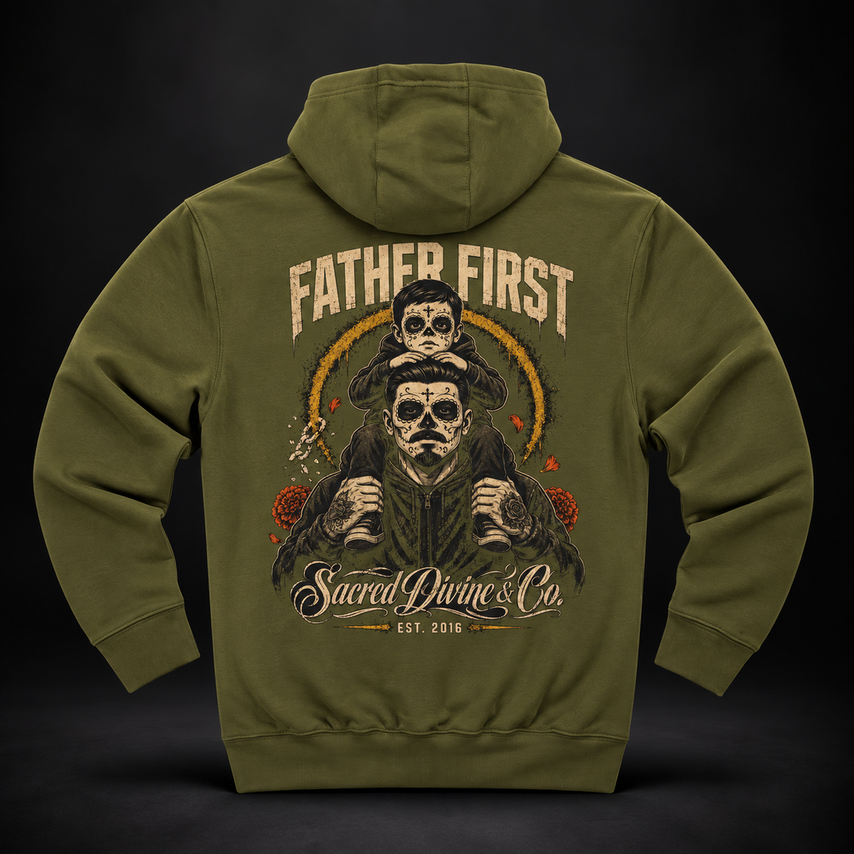 Father First Día de los Muertos graphic fleece hoodie by Sacred Divine & Co. — product gallery image 6 of 17