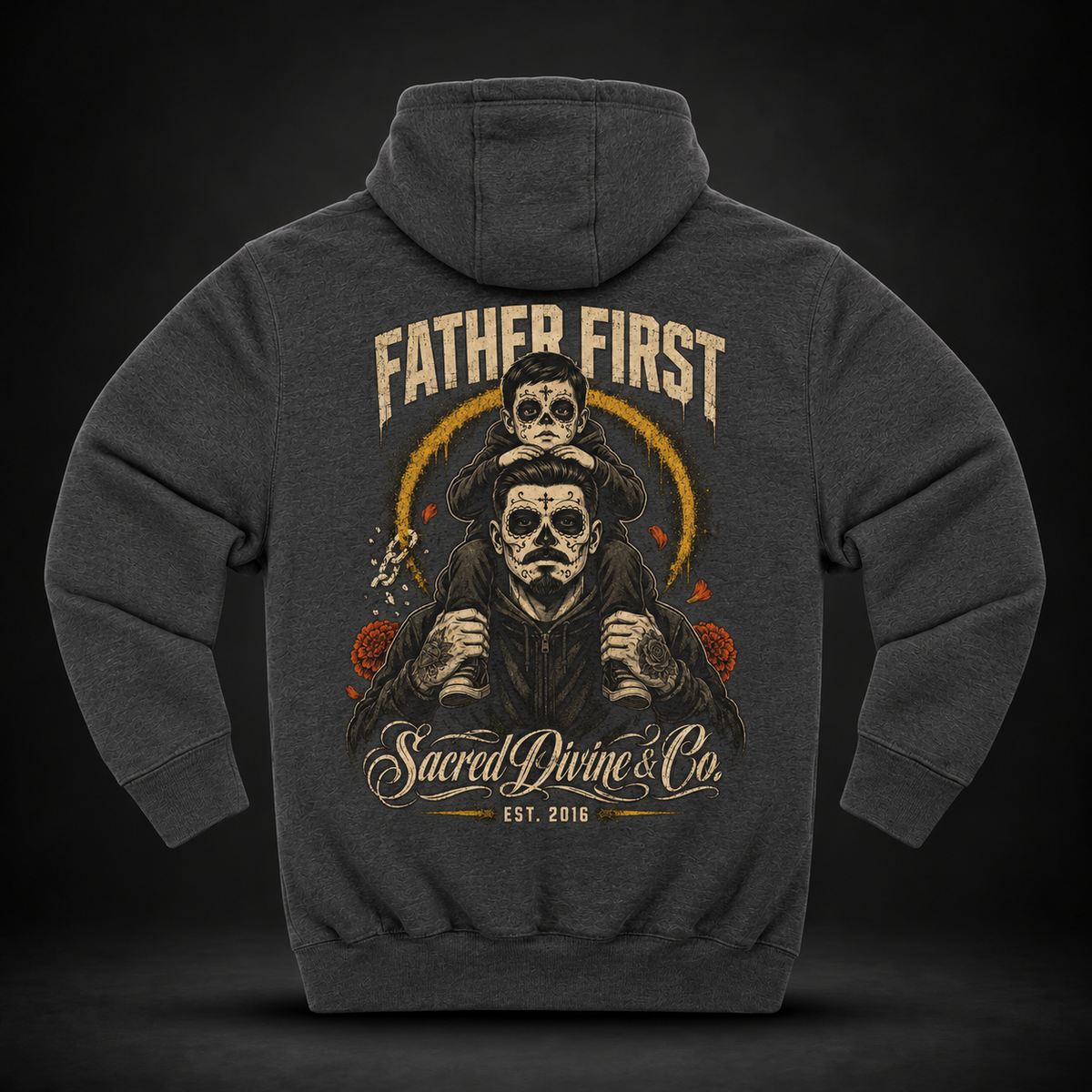 Father First Día de los Muertos graphic fleece hoodie by Sacred Divine & Co. — product gallery image 2 of 17