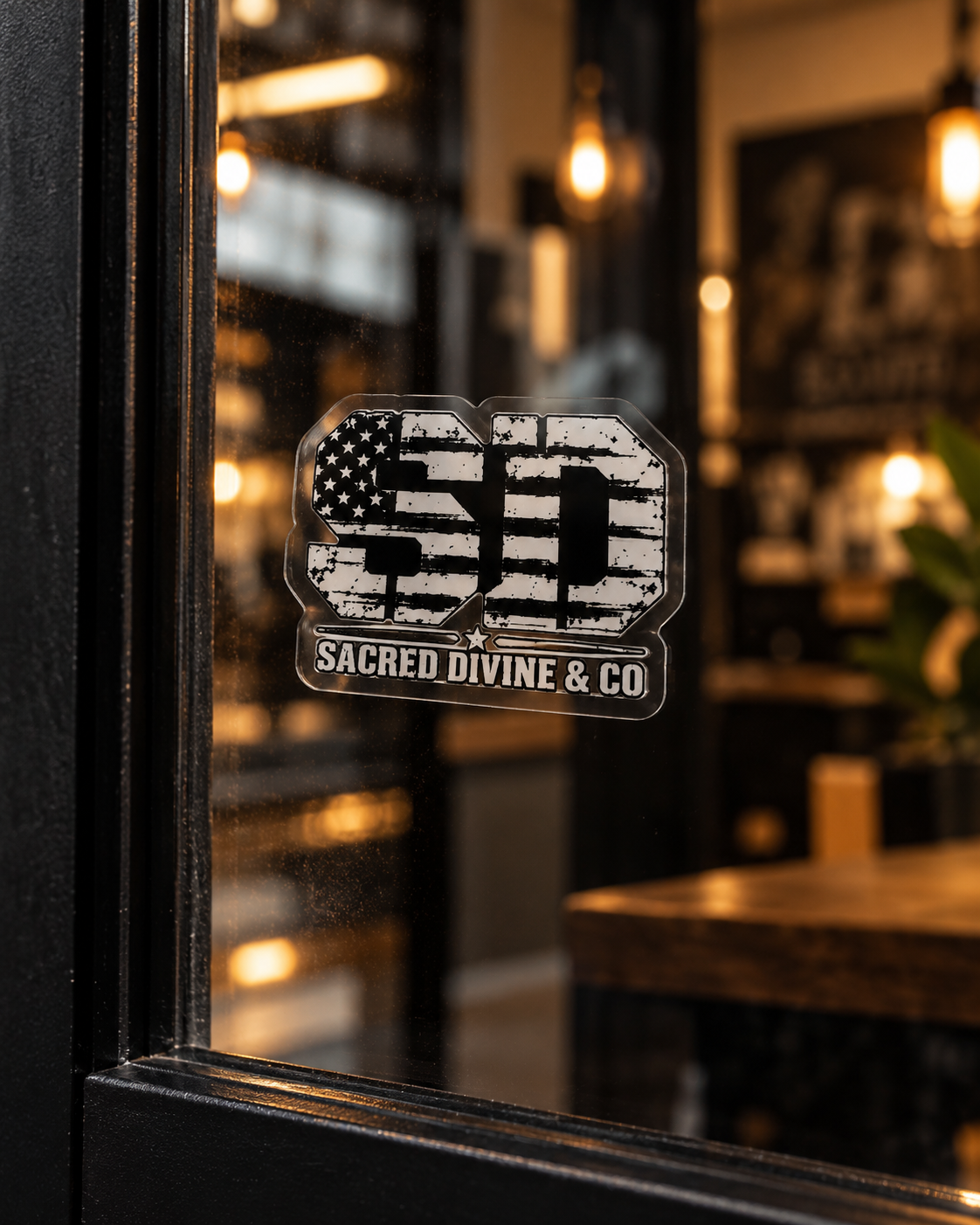 Clear American Flag SD decal on a glass door with a warmly lit room behind it.