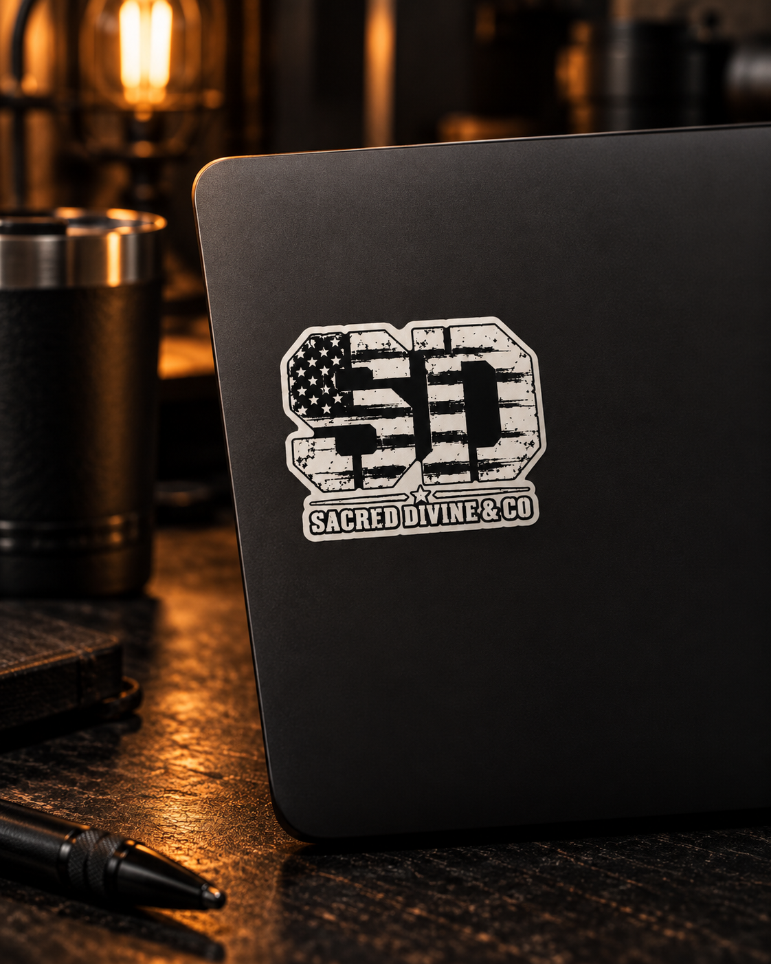 American Flag SD decal with a white border displayed on a black laptop.