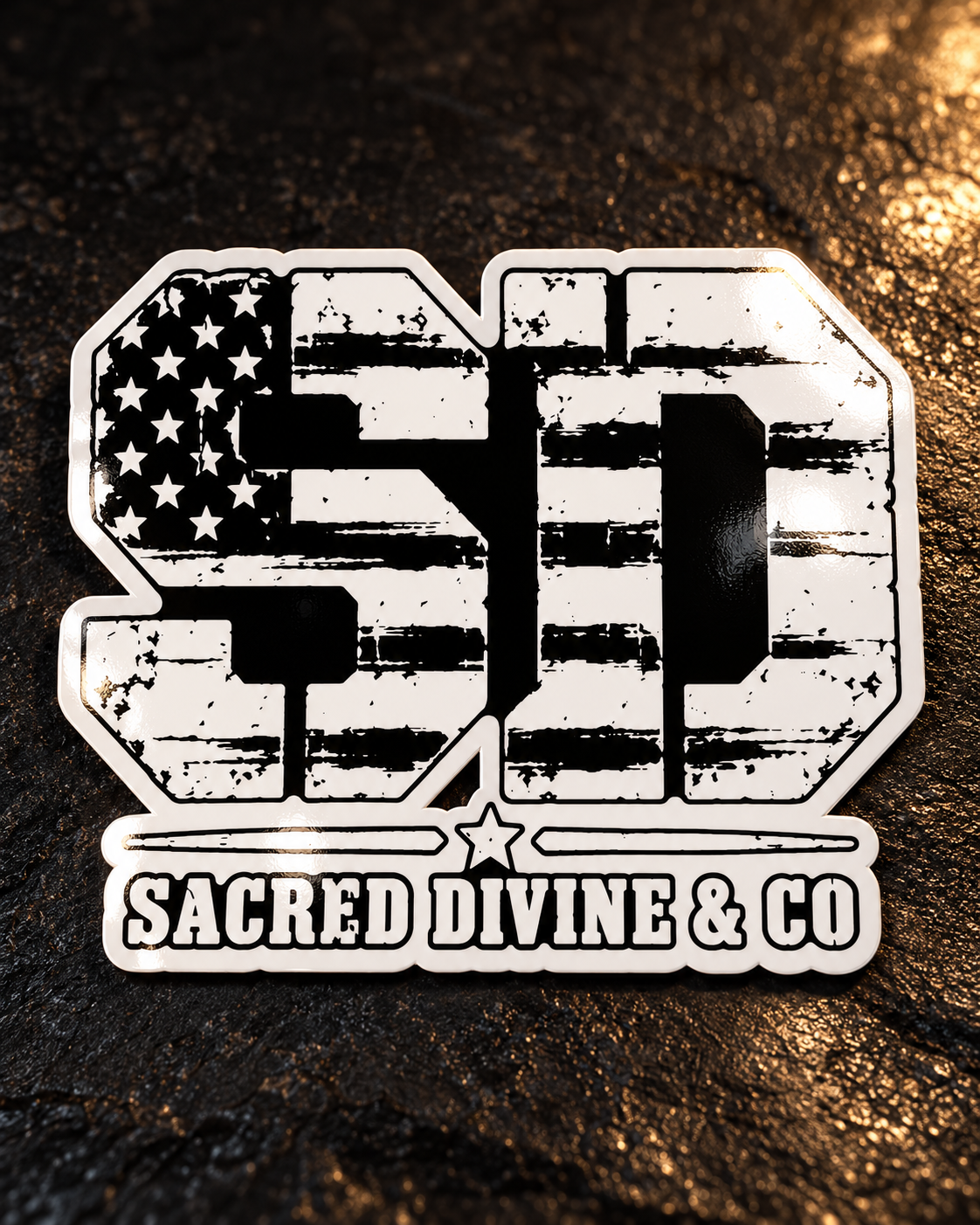 Glossy-style American Flag SD vinyl decal with a white border and reflective highlight.