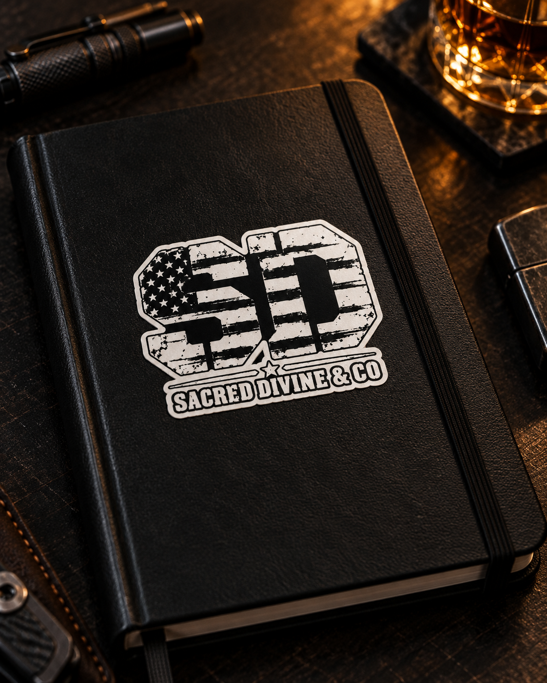 American Flag SD decal displayed on the cover of a black notebook.