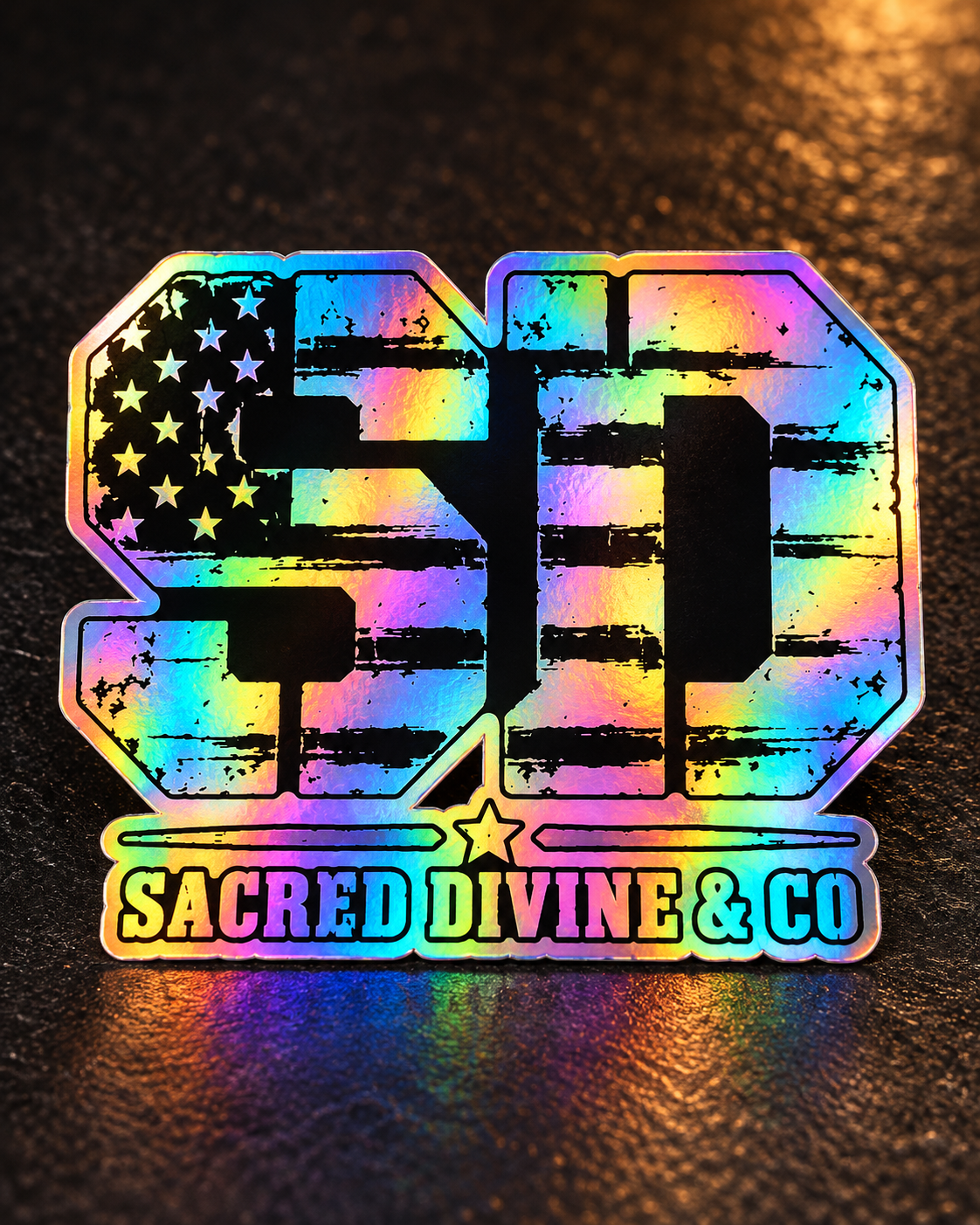 Holographic American Flag SD vinyl decal with a rainbow finish on a dark surface.