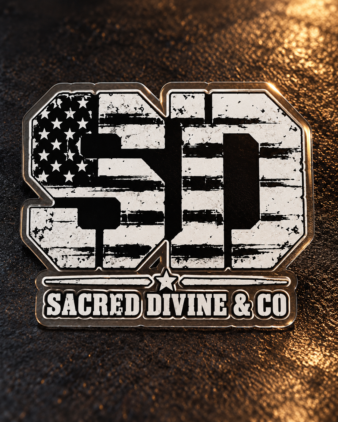 Clear-style American Flag SD vinyl decal with distressed black and white lettering.
