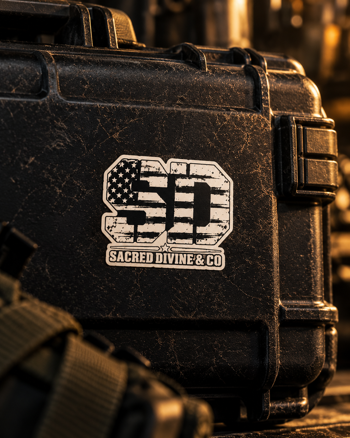 American Flag SD decal with distressed lettering on a rugged black case.