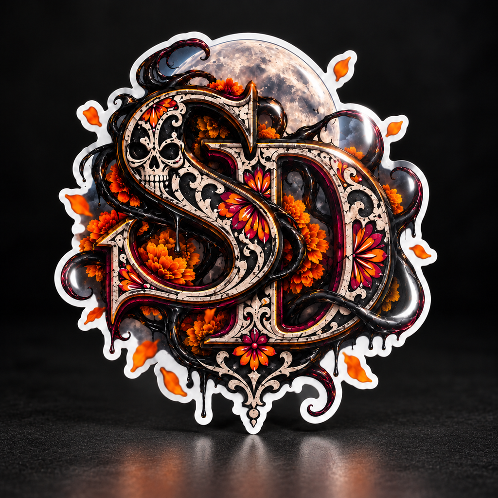 Glossy-style Día de los Muertos SD decal with white edges and a reflective highlight, standalone view.