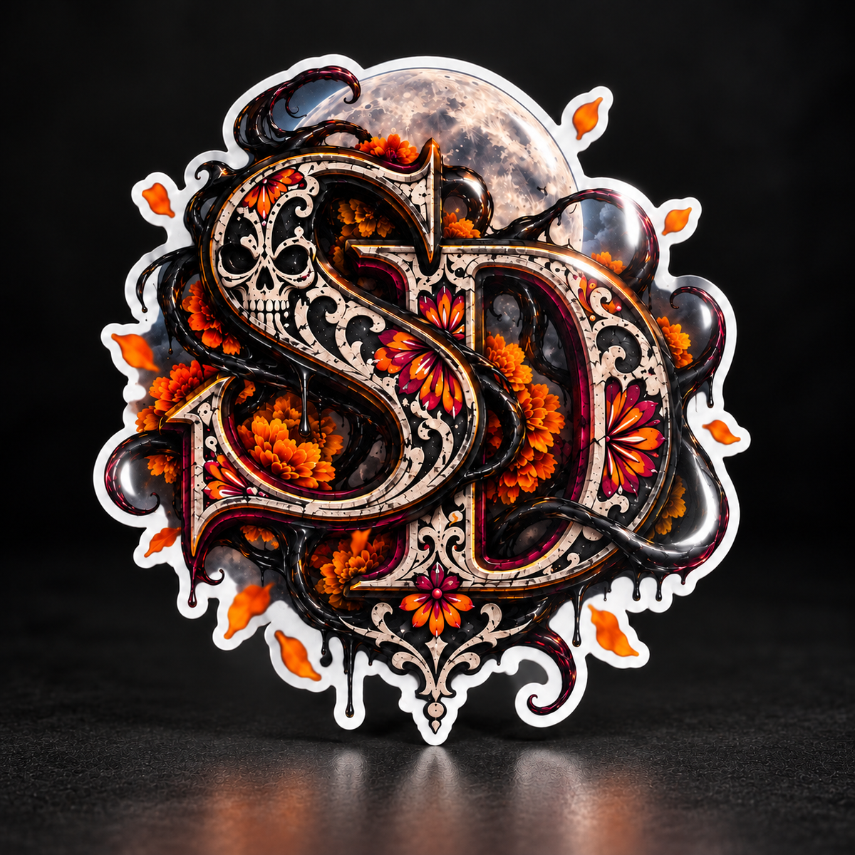 Glossy-style Día de los Muertos SD decal with white edges and a reflective highlight, standalone view.