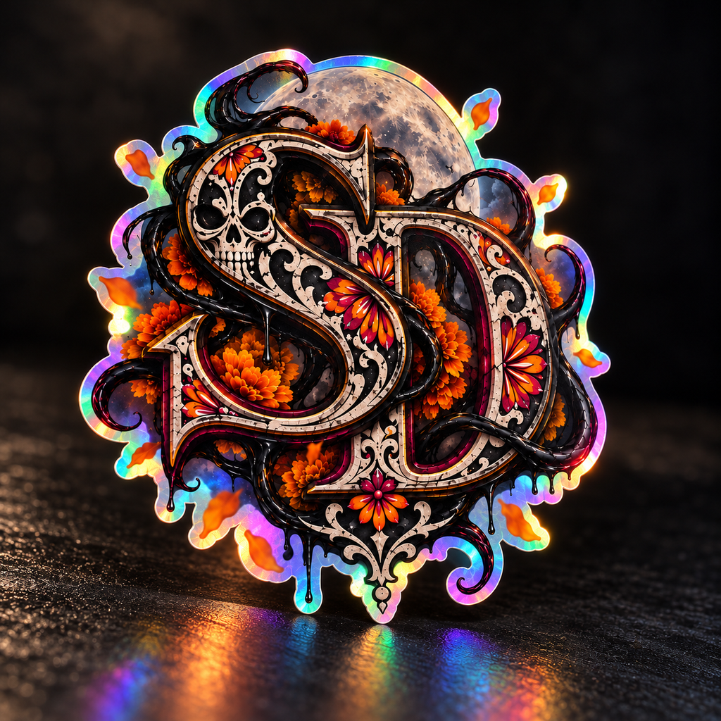 Holographic Día de los Muertos SD decal with rainbow edges reflecting on a dark surface.