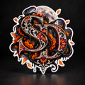 Día de los Muertos SD vinyl decal with skull detail, orange marigolds, a full moon, and a white border on a dark surface.
