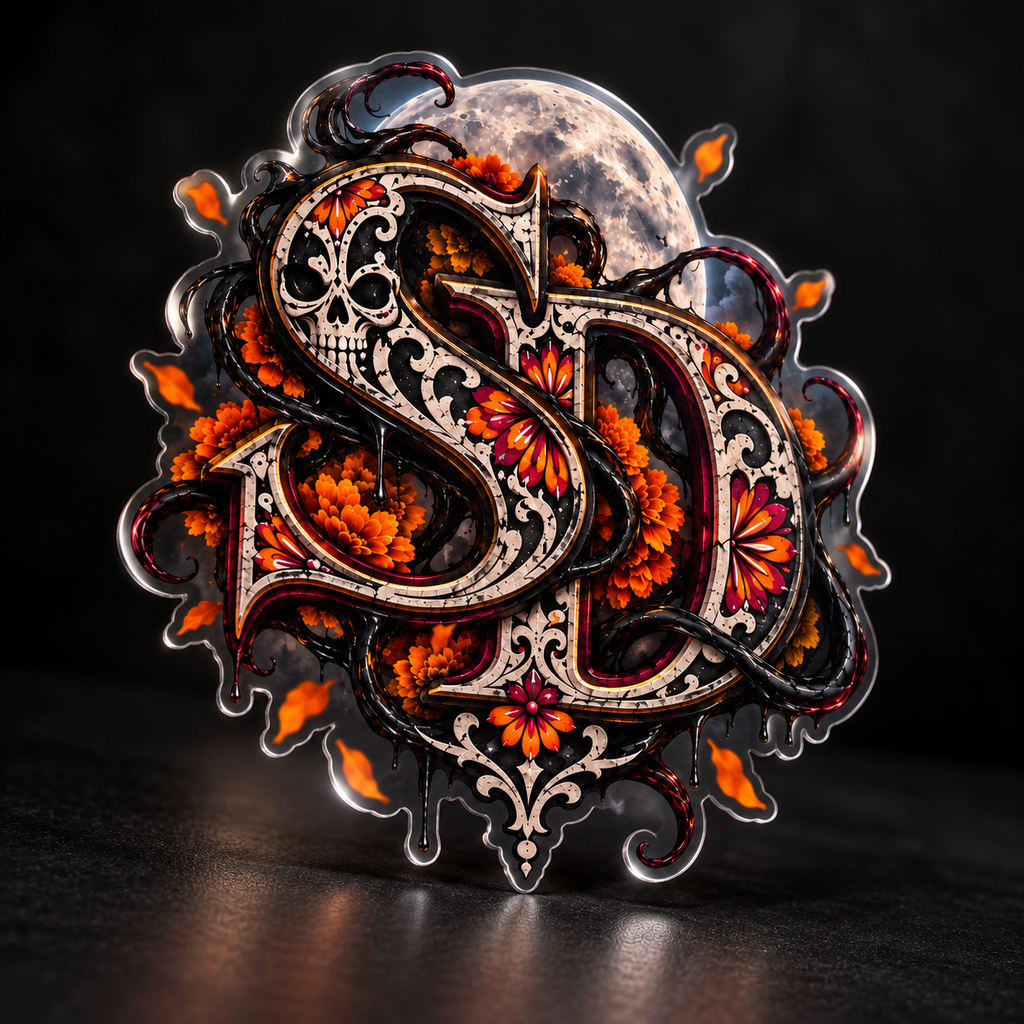 Clear-style Día de los Muertos SD decal with marigold and skull details on a dark surface.