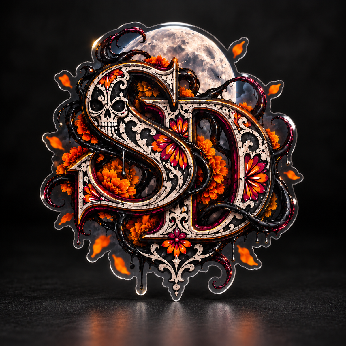 Clear-style Día de los Muertos SD decal with skull detail and orange marigolds, standalone view.