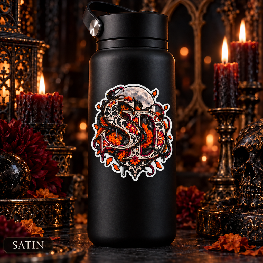 Satin Día de los Muertos SD decal on a black bottle in a candlelit gothic setting.