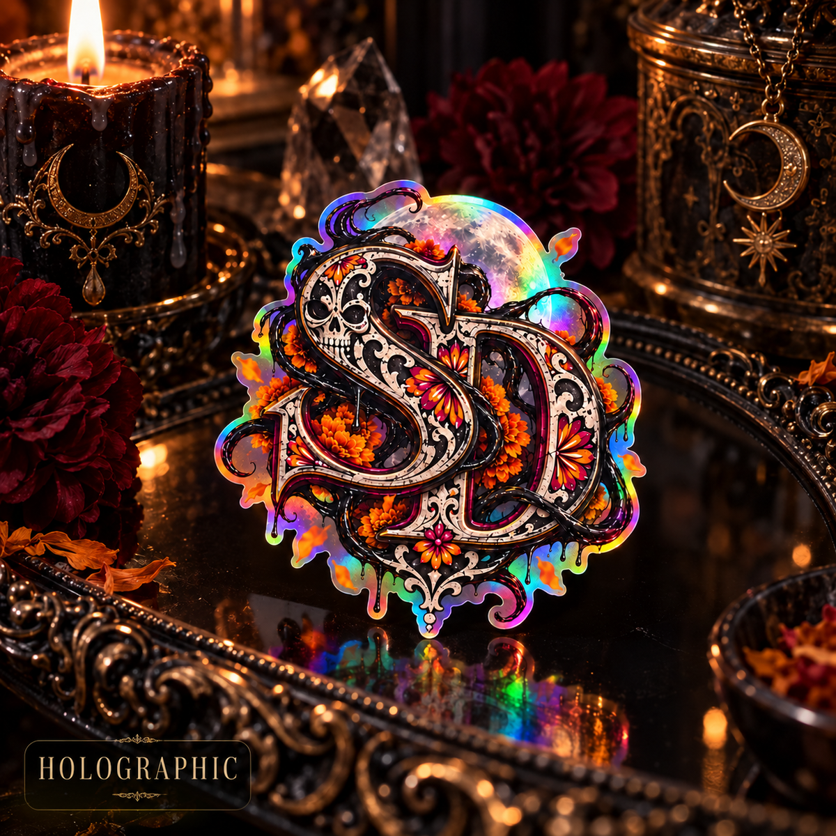 Holographic Día de los Muertos SD decal on a dark reflective tray surrounded by candles and flowers.