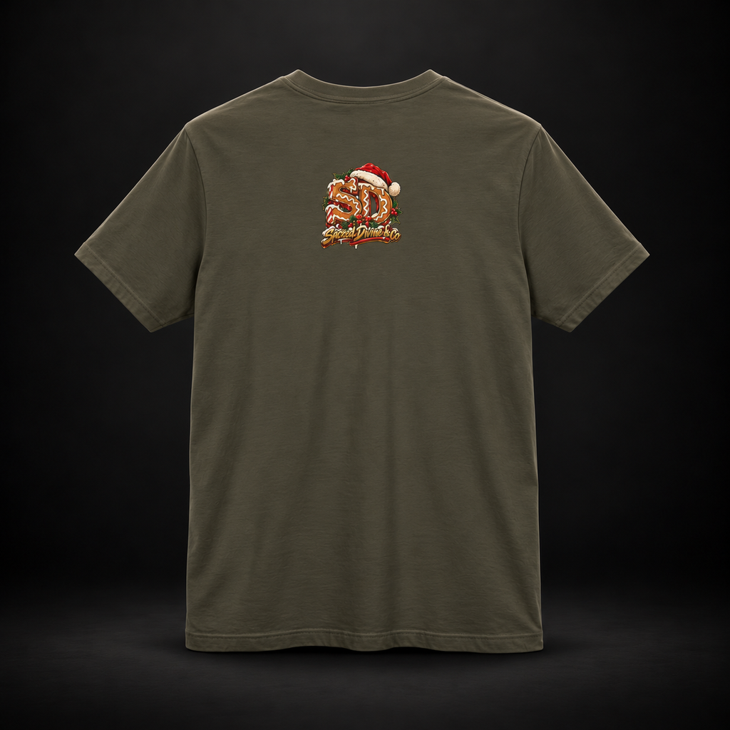 Army Gingerbread Outlaw Tee, back view with a holiday SD mark.