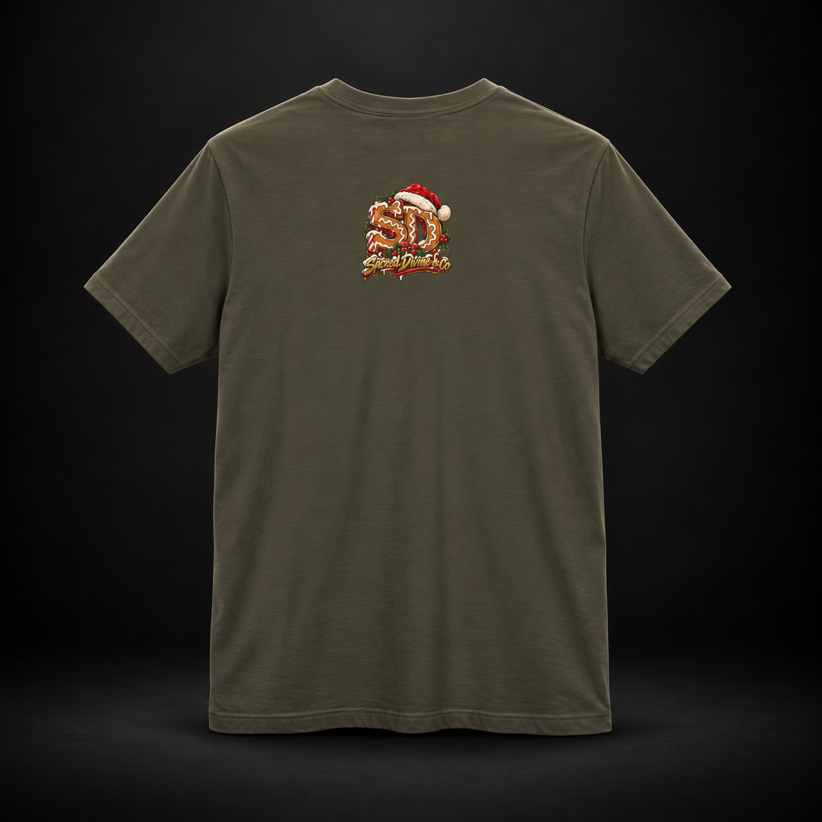 Army Gingerbread Outlaw Tee, back view with a holiday SD mark.
