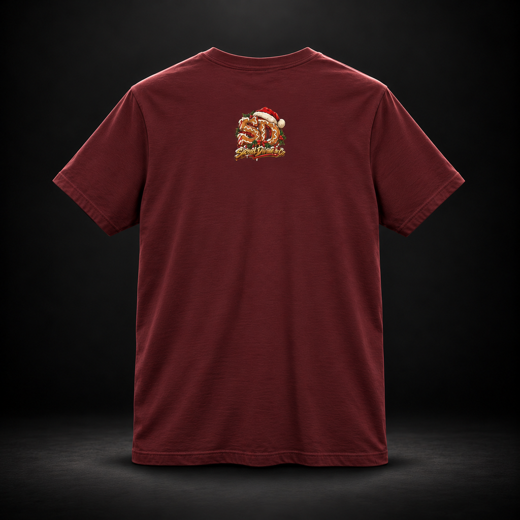 Maroon Gingerbread Outlaw Tee, back view with a holiday SD mark.