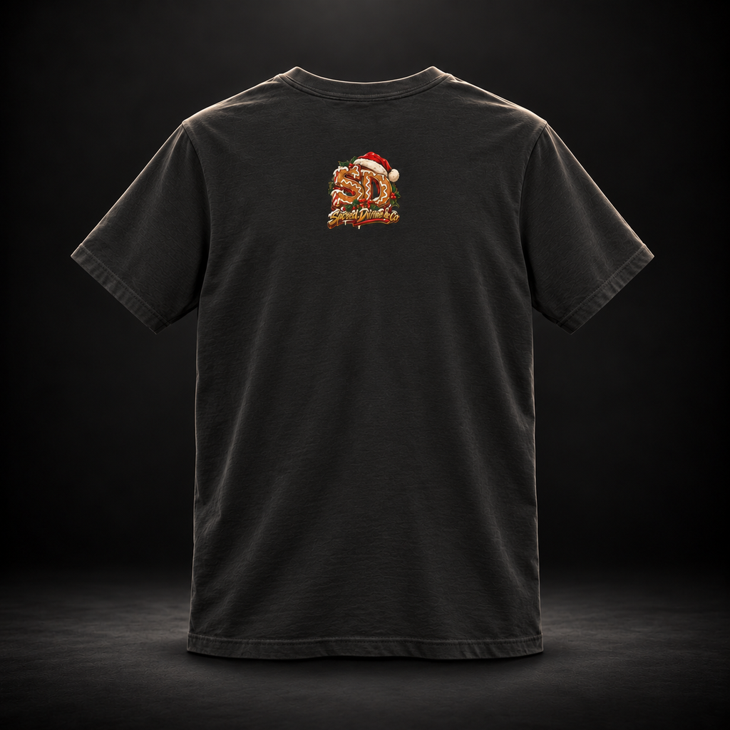 Vintage Black Gingerbread Outlaw Tee, back view with a holiday SD mark.
