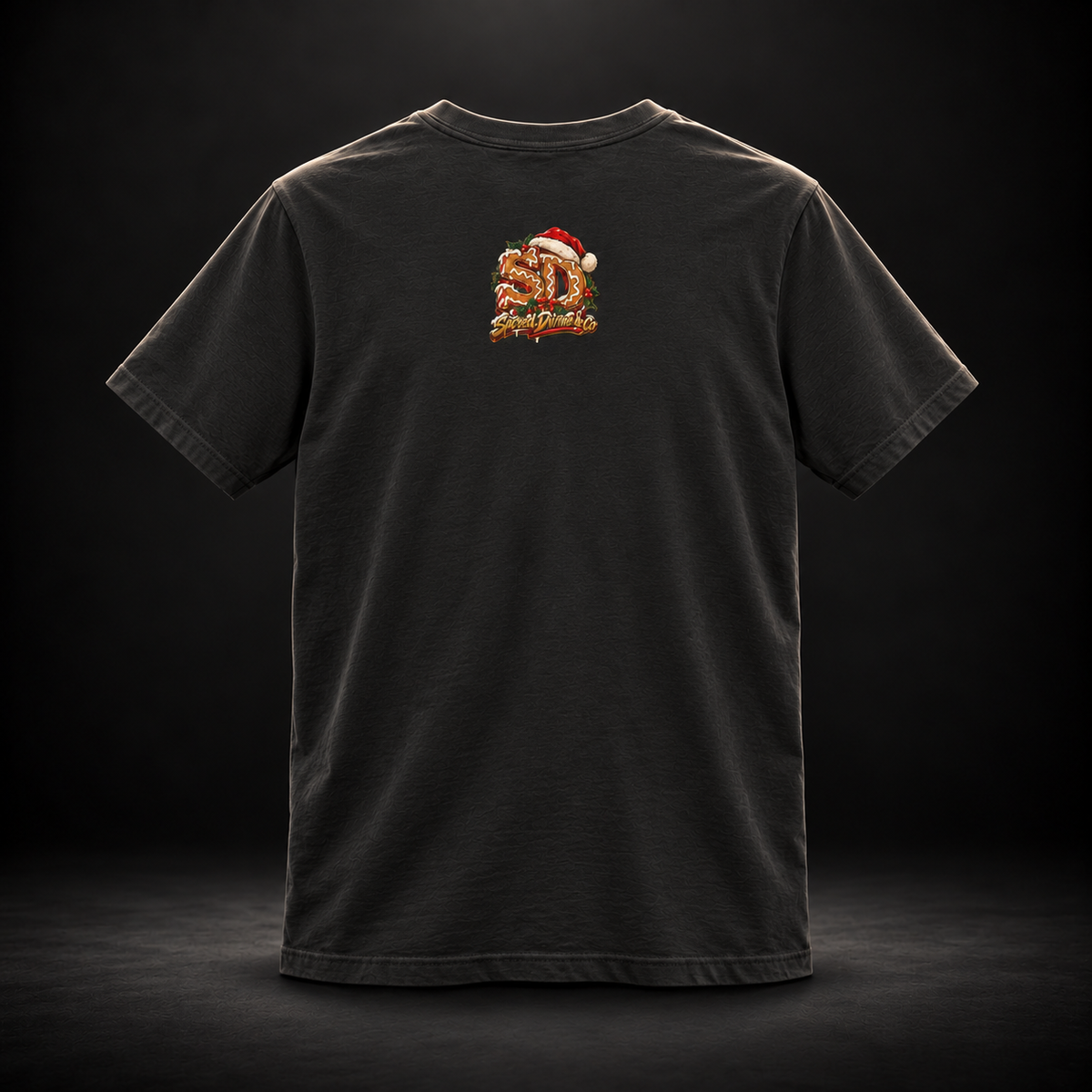 Vintage Black Gingerbread Outlaw Tee, back view with a holiday SD mark.