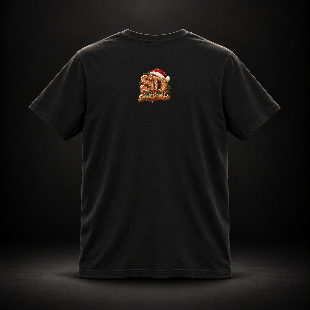Black Gingerbread Outlaw Tee, back view with a holiday SD mark.
