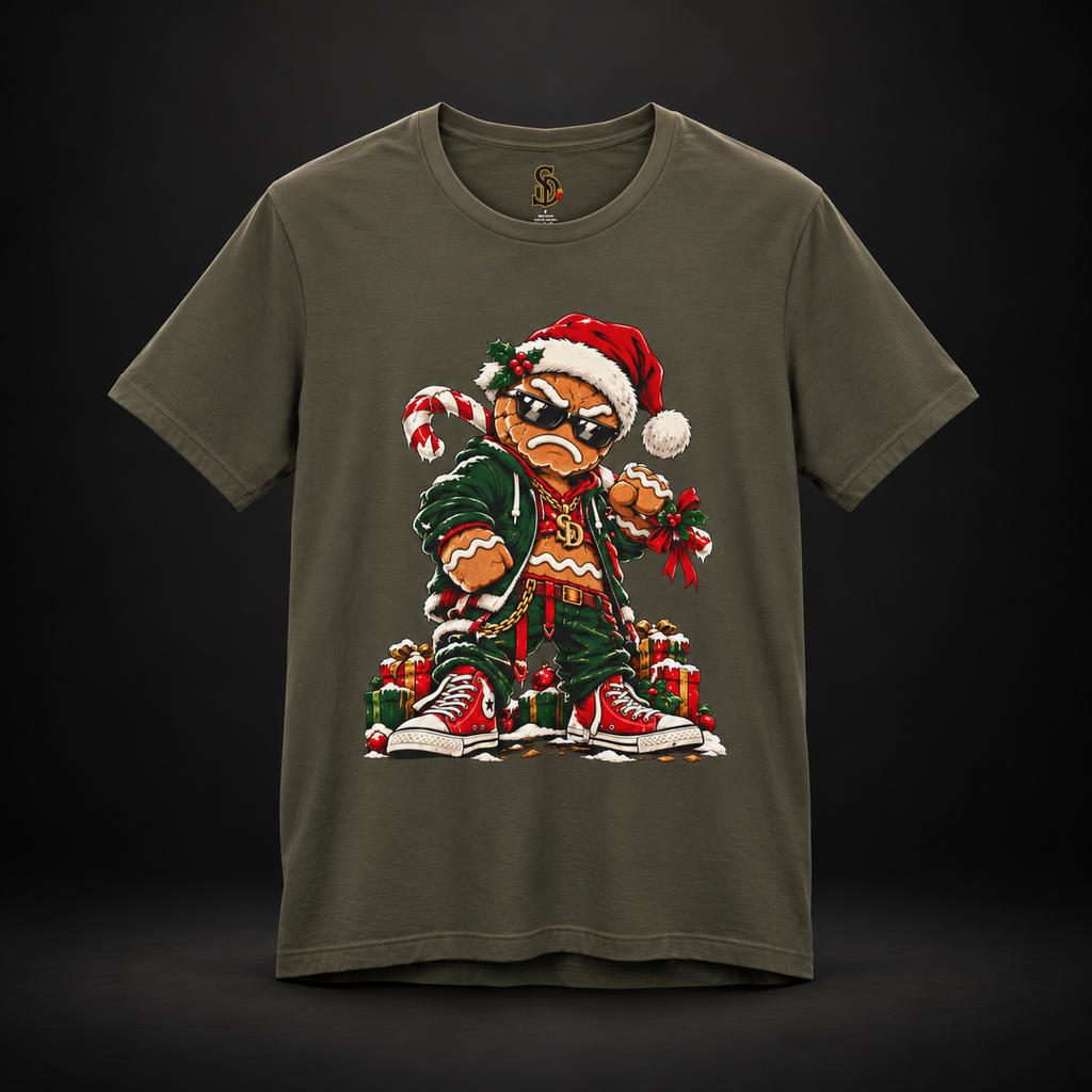 Army Gingerbread Outlaw Tee, standalone front view with gingerbread Christmas character artwork.