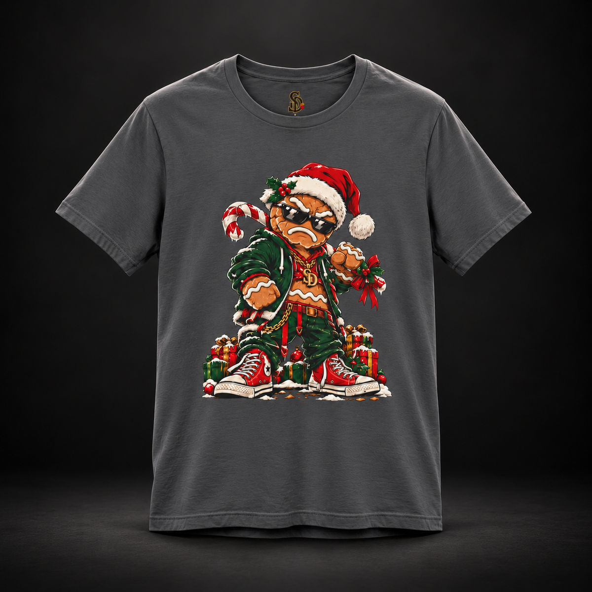 Asphalt Gingerbread Outlaw Tee, front view with gingerbread Christmas character artwork.