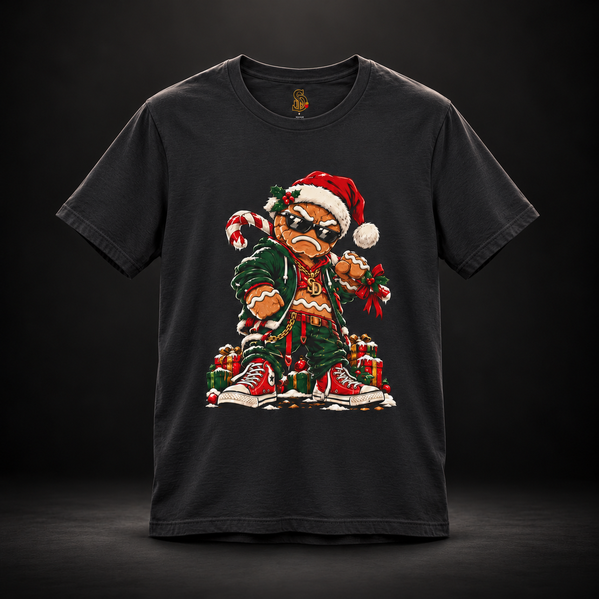 Vintage Black Gingerbread Outlaw Tee, front view with gingerbread Christmas character artwork.