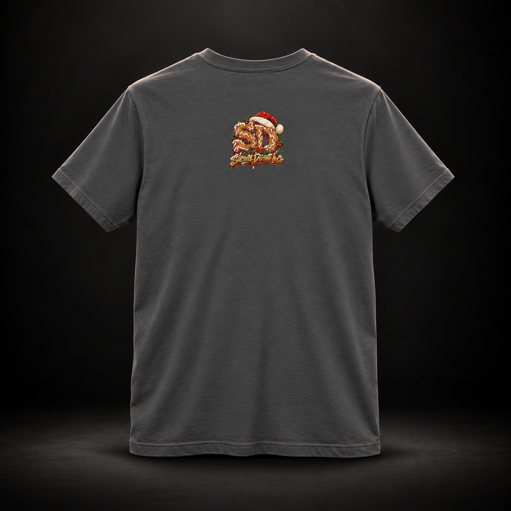 Asphalt Gingerbread Outlaw Tee, back view with a holiday SD mark.