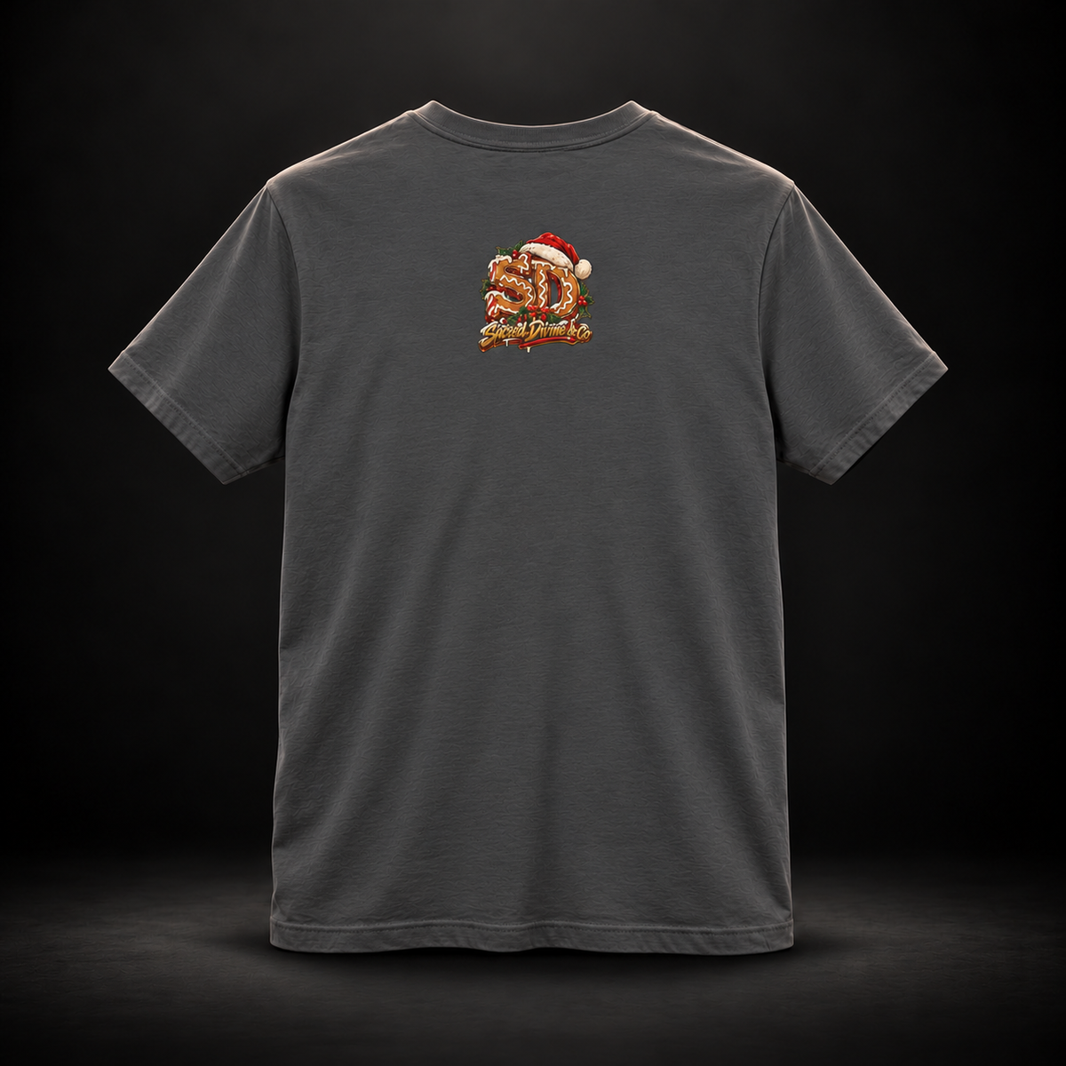 Asphalt Gingerbread Outlaw Tee, back view with a holiday SD mark.