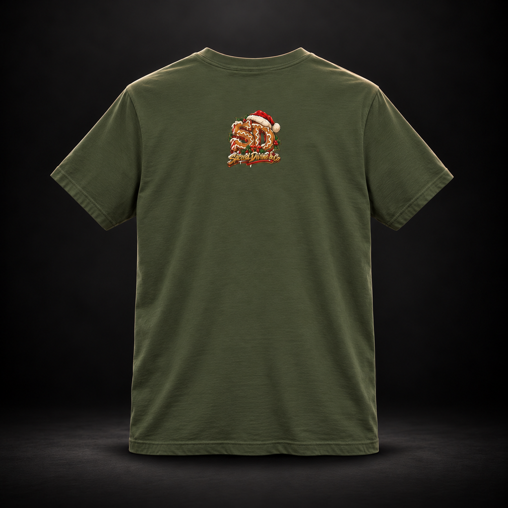 Military Green Gingerbread Outlaw Tee, back view with a holiday SD mark.