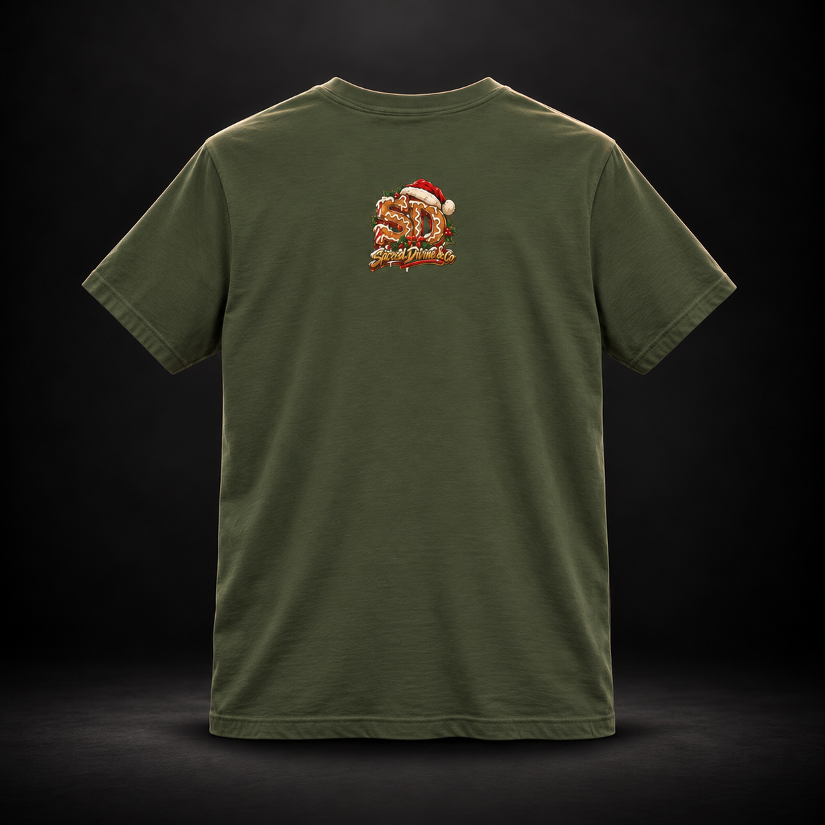 Military Green Gingerbread Outlaw Tee, back view with a holiday SD mark.