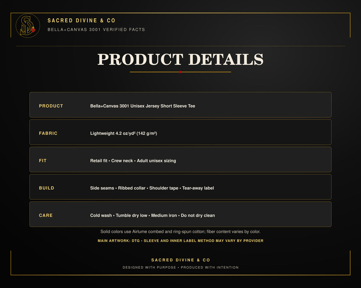 Bella+Canvas 3001 product details card showing fabric weight, unisex retail fit, construction, and care.