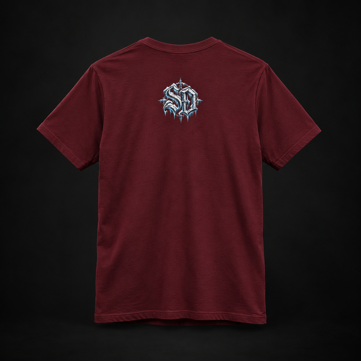 Maroon Gothic Snowman Tee, back view with an icy SD mark.