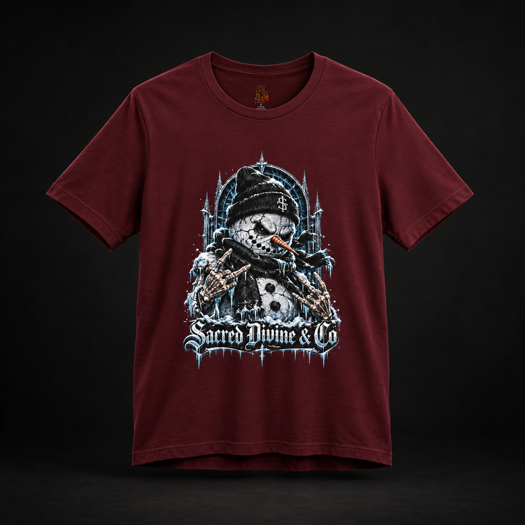 Maroon Gothic Snowman Tee, front view with icy snowman artwork and skeletal hands.