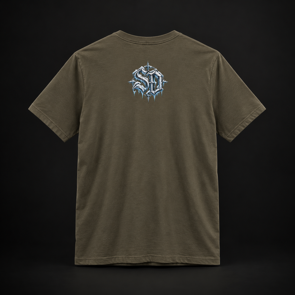 Army Gothic Snowman Tee, back view with an icy SD mark.