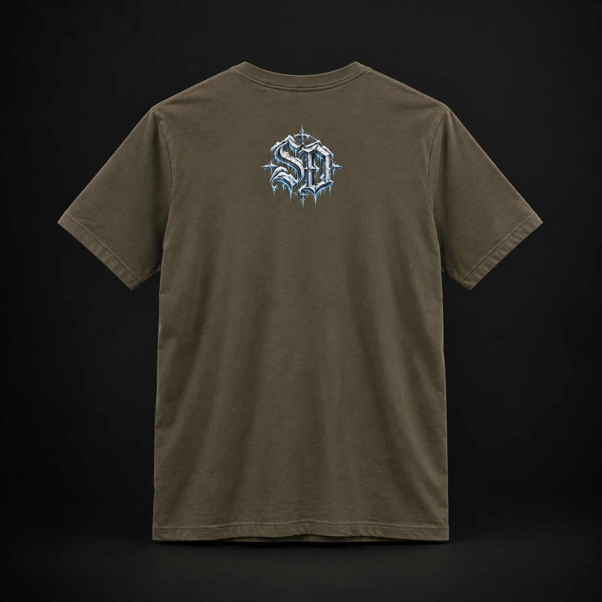 Army Gothic Snowman Tee, back view with an icy SD mark.