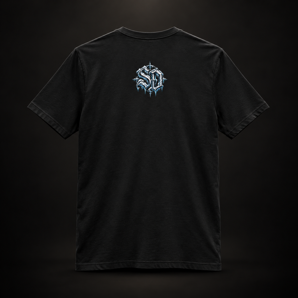 Black Gothic Snowman Tee, back view with an icy SD mark.