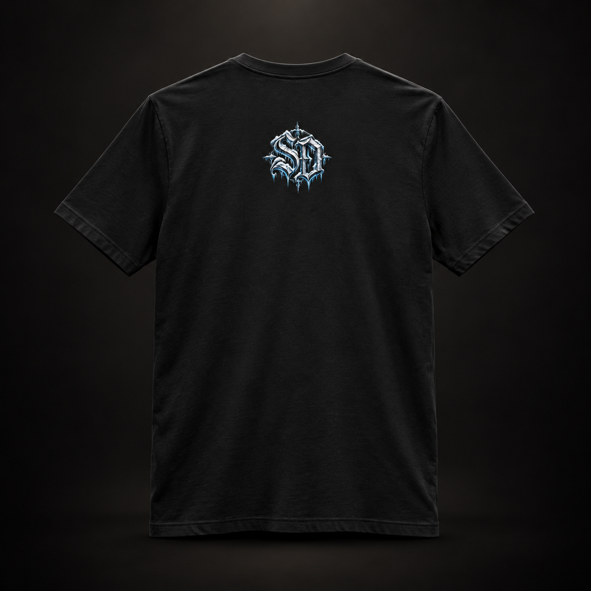 Black Gothic Snowman Tee, back view with an icy SD mark.