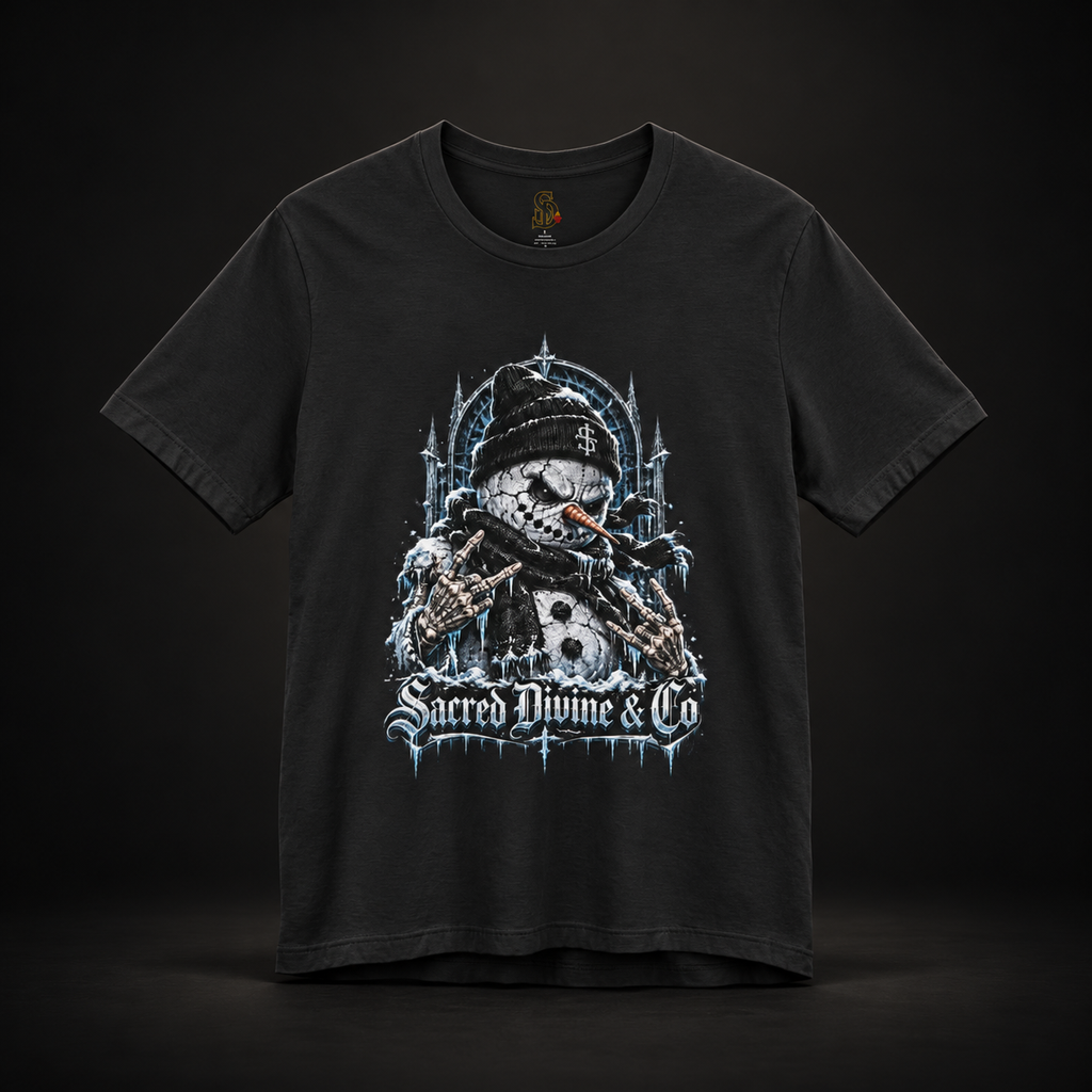 Vintage Black Gothic Snowman Tee, front view with a snowman in a black beanie and icy Sacred Divine lettering.