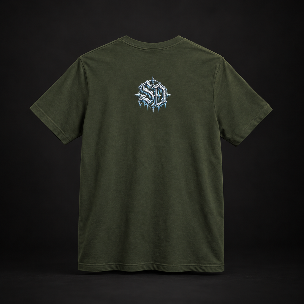 Military Green Gothic Snowman Tee, back view with an icy SD mark.