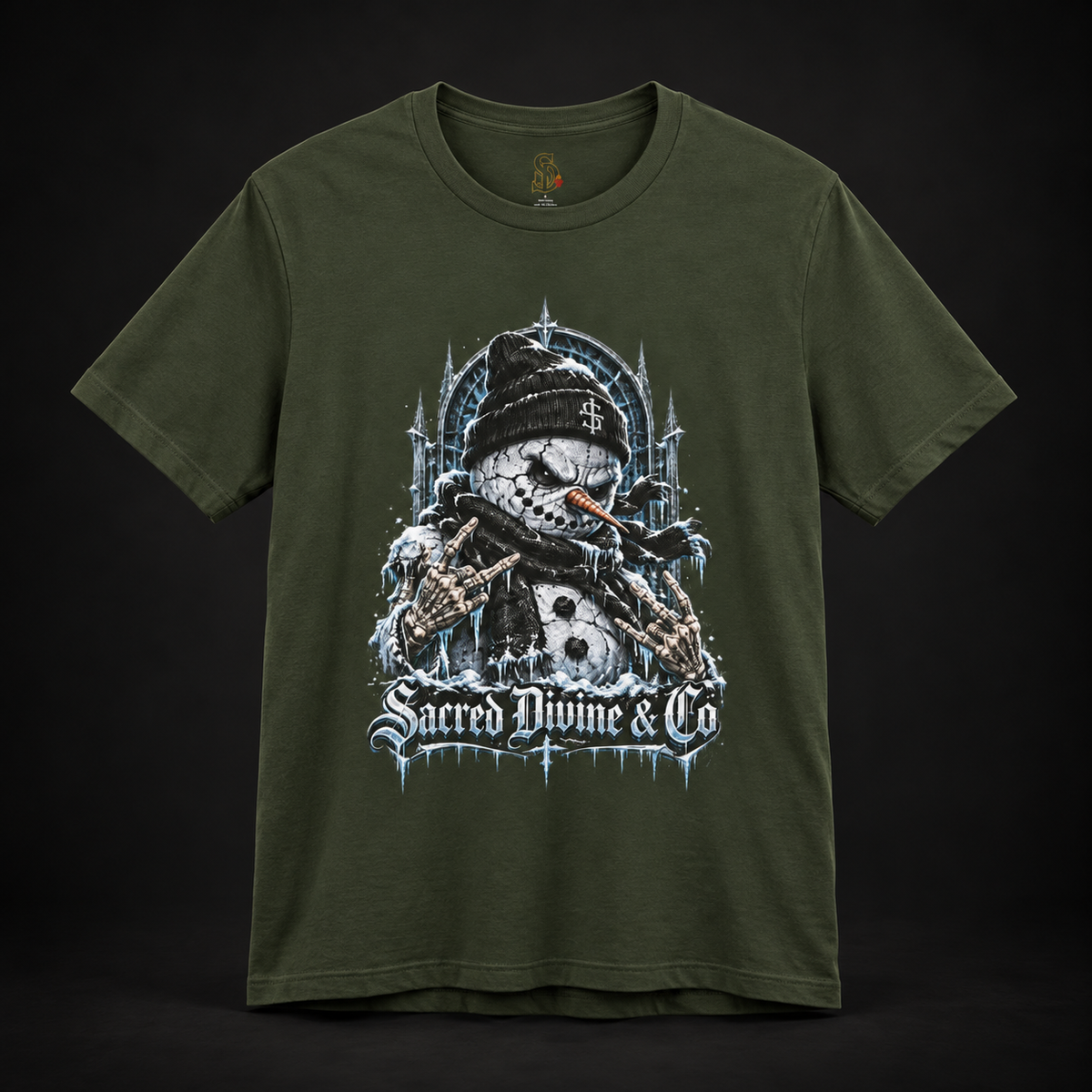 Military Green Gothic Snowman Tee, front view with snowman artwork and Sacred Divine lettering.