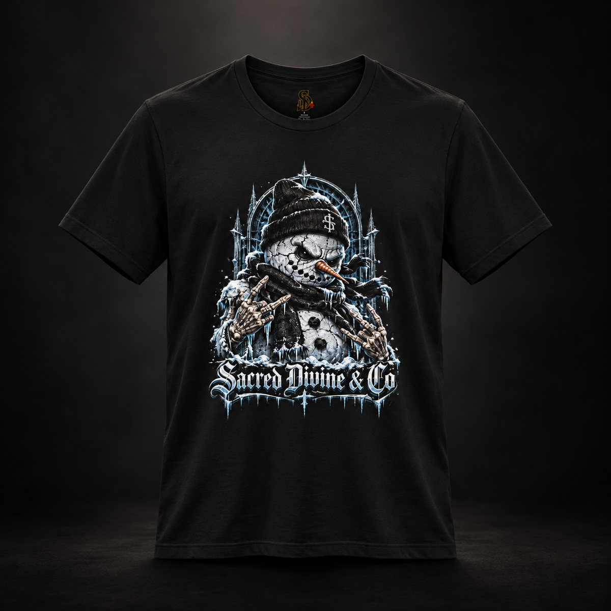 Black Gothic Snowman Tee, front view with an icy snowman, skeletal hands, and Sacred Divine lettering.