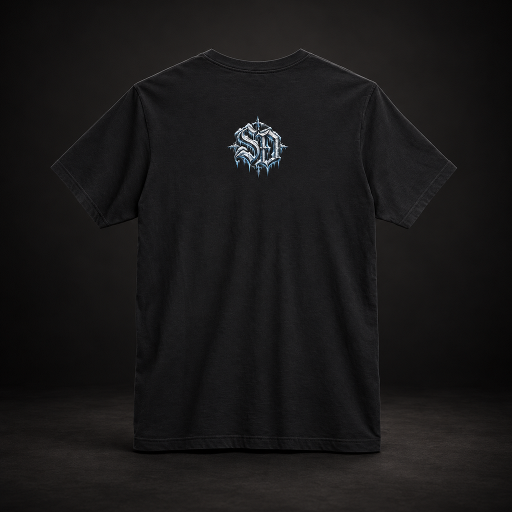 Vintage Black Gothic Snowman Tee, back view with an icy SD mark.
